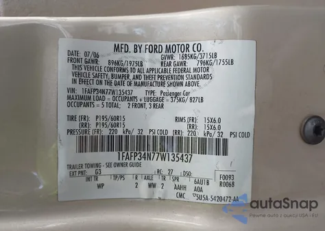 2007 Ford Focus S/Se/Ses z USA, uszkodzony, nr VIN 1FAFP34N77W135437